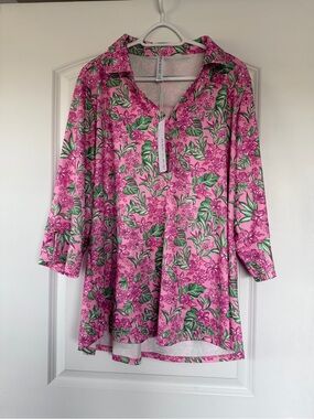 Pink Floral Button-Front Tunic Blouse